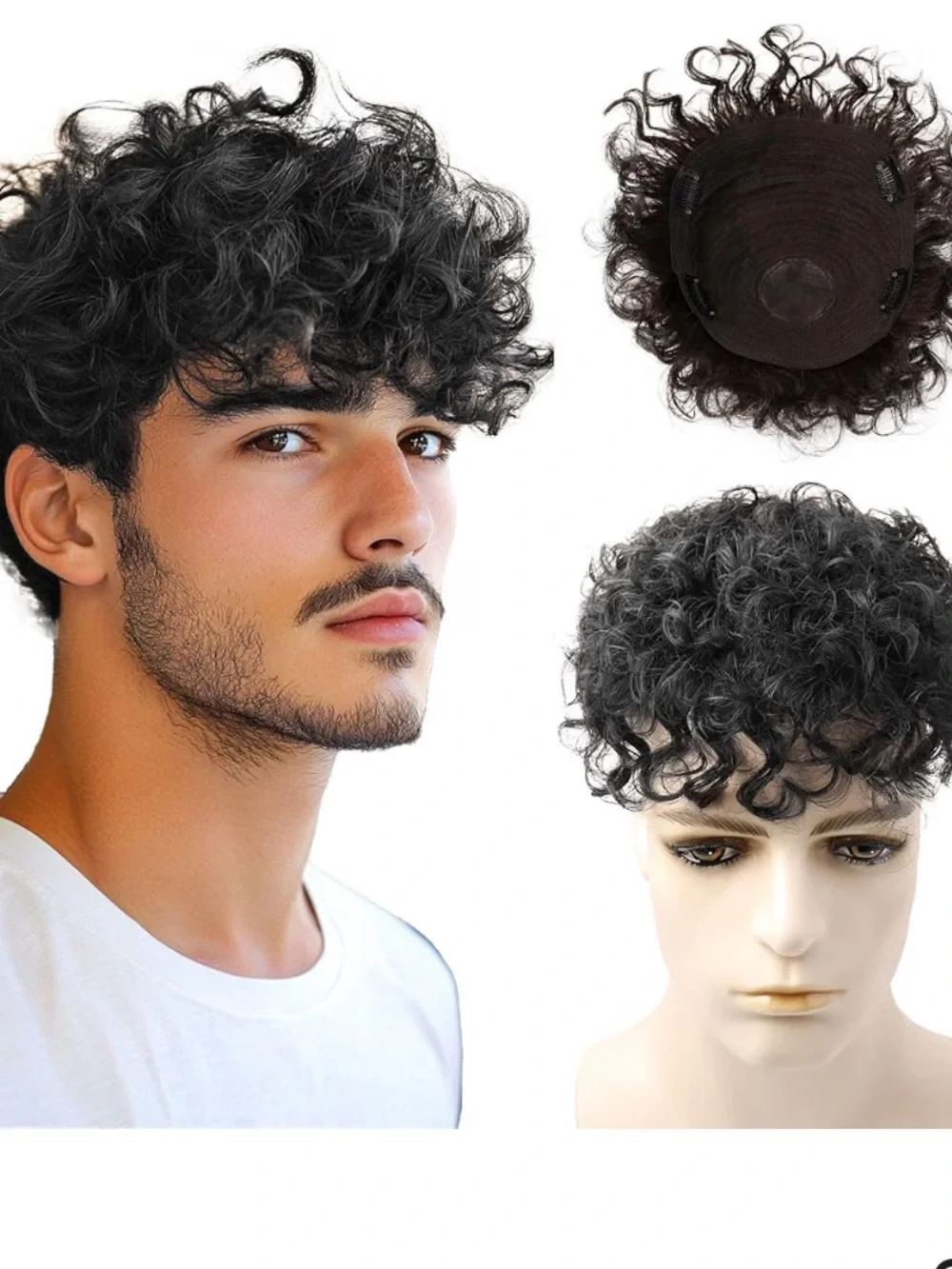 NWT Black Curly Topper Wig Toupee